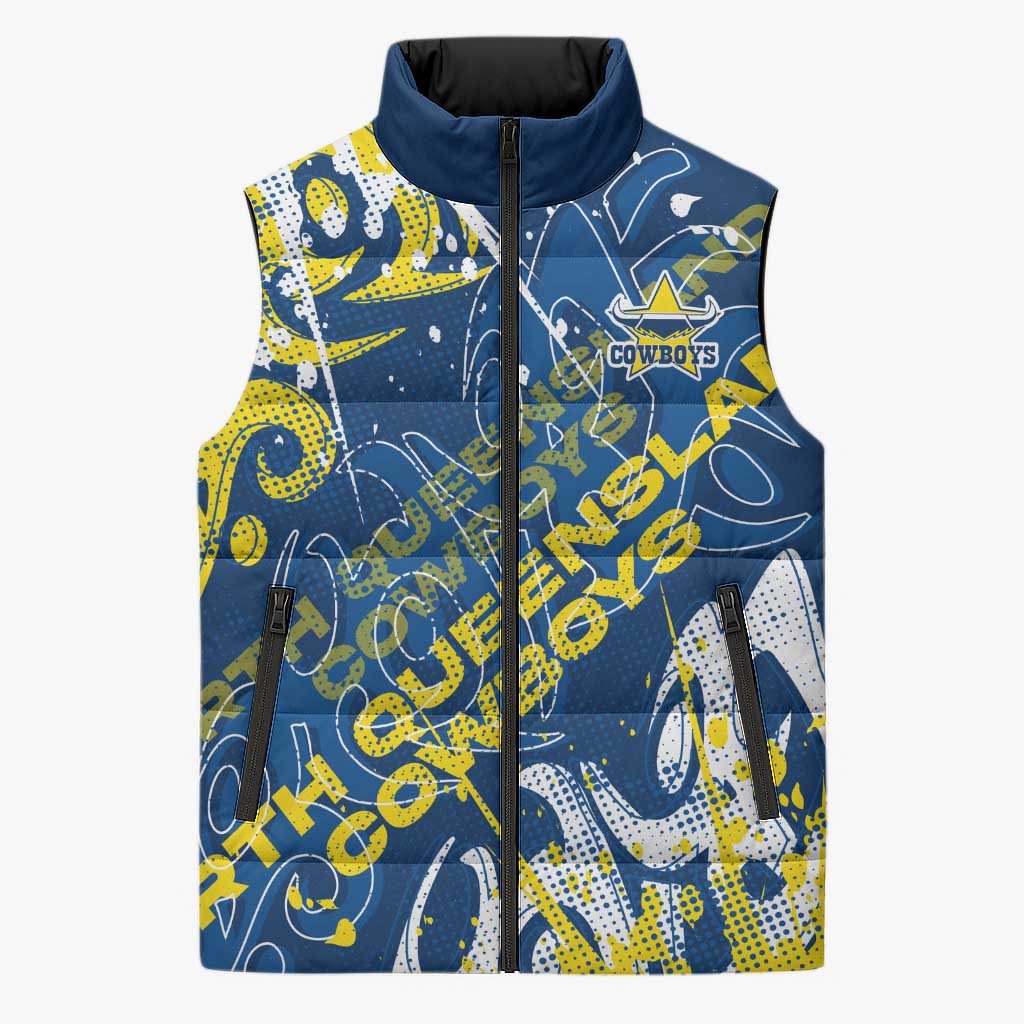 Personalized North Queensland Cowboys Rugby Sleeveless Puffer Jacket Urban Street Graffiti Style - Distressed Splatter Elements