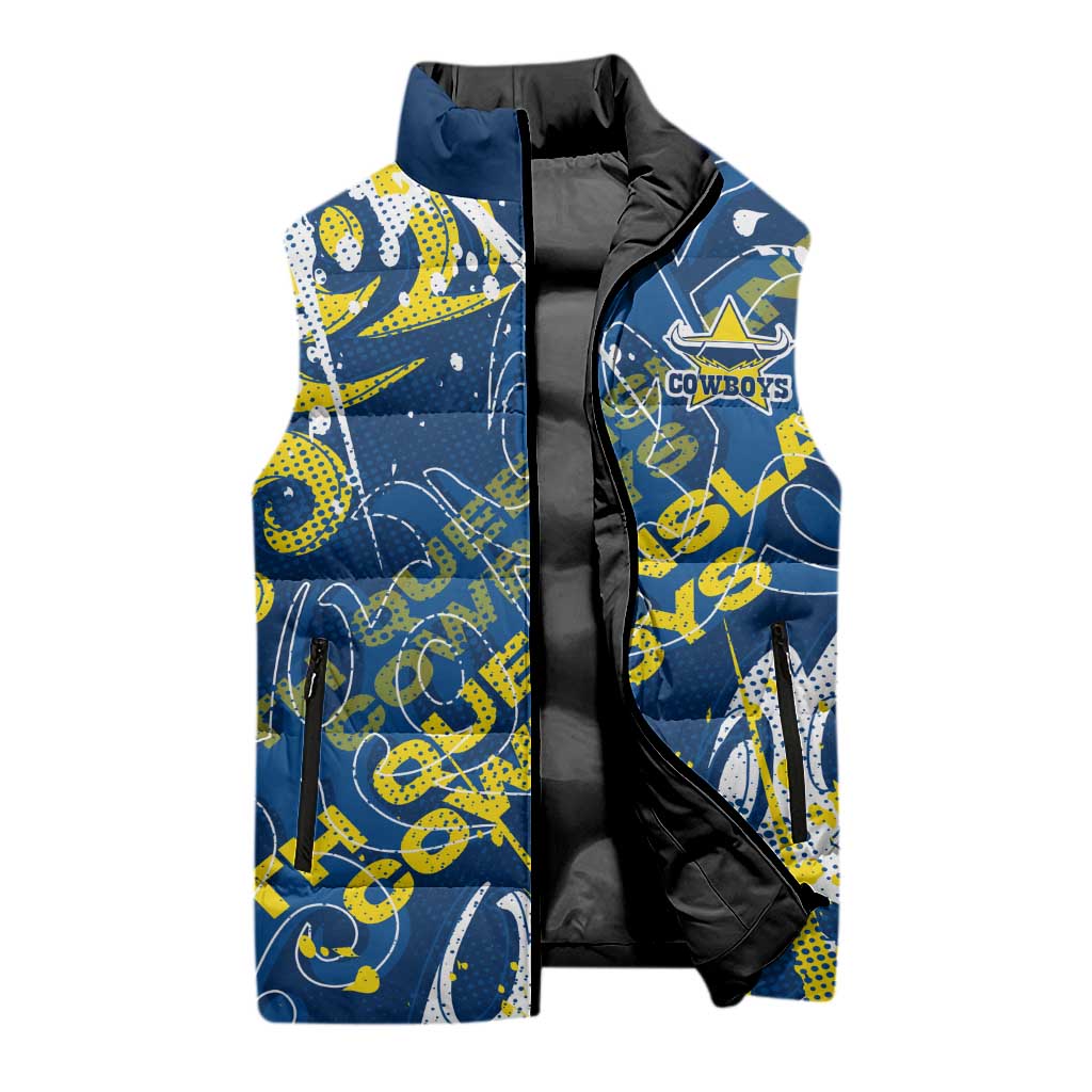 Personalized North Queensland Cowboys Rugby Sleeveless Puffer Jacket Urban Street Graffiti Style - Distressed Splatter Elements