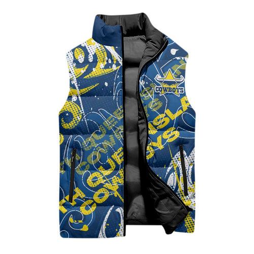 Personalized North Queensland Cowboys Rugby Sleeveless Puffer Jacket Urban Street Graffiti Style - Distressed Splatter Elements