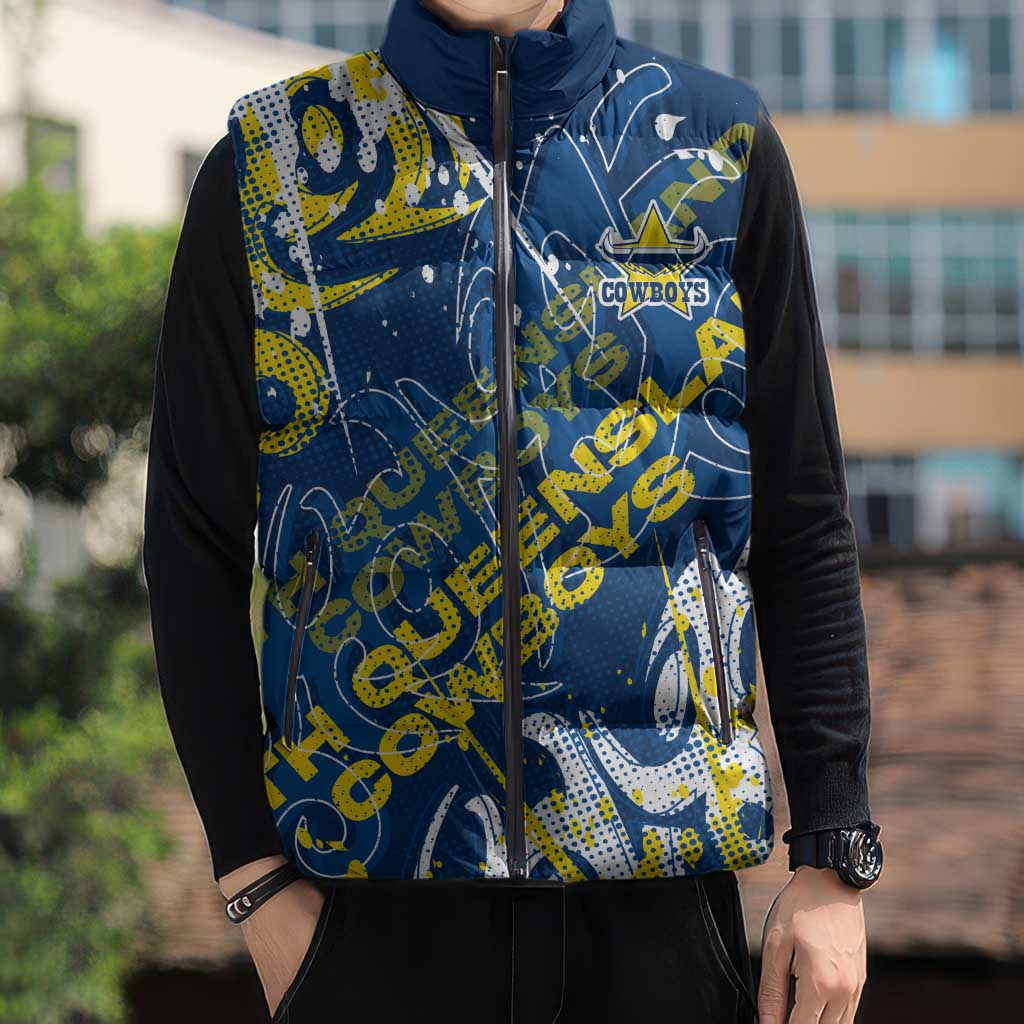 Personalized North Queensland Cowboys Rugby Sleeveless Puffer Jacket Urban Street Graffiti Style - Distressed Splatter Elements