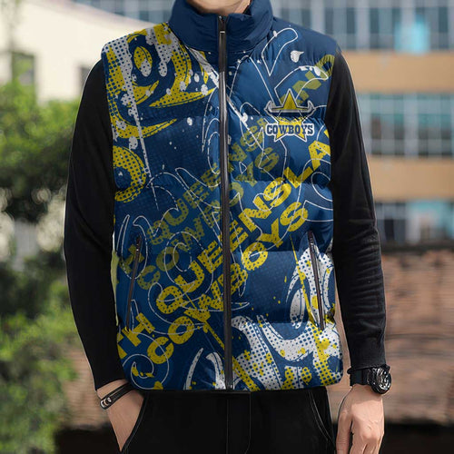 Personalized North Queensland Cowboys Rugby Sleeveless Puffer Jacket Urban Street Graffiti Style - Distressed Splatter Elements
