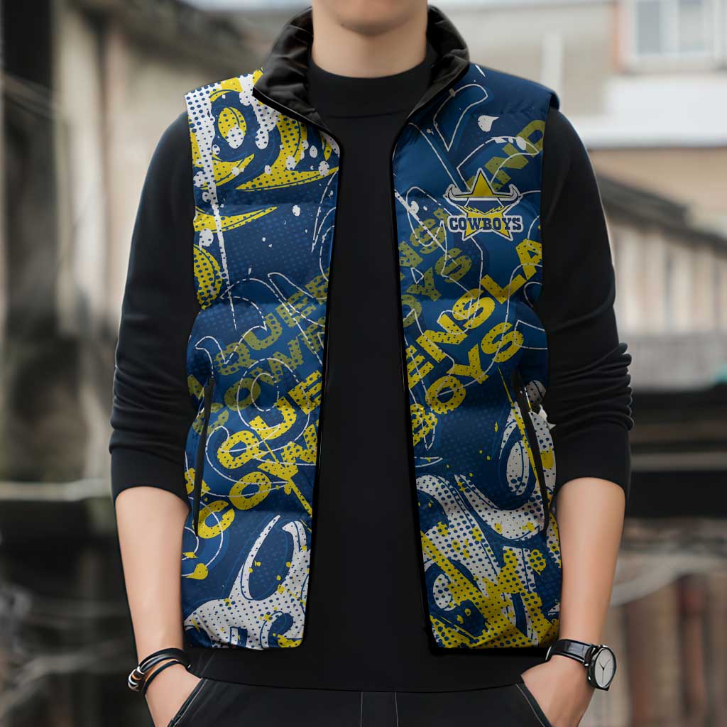 Personalized North Queensland Cowboys Rugby Sleeveless Puffer Jacket Urban Street Graffiti Style - Distressed Splatter Elements