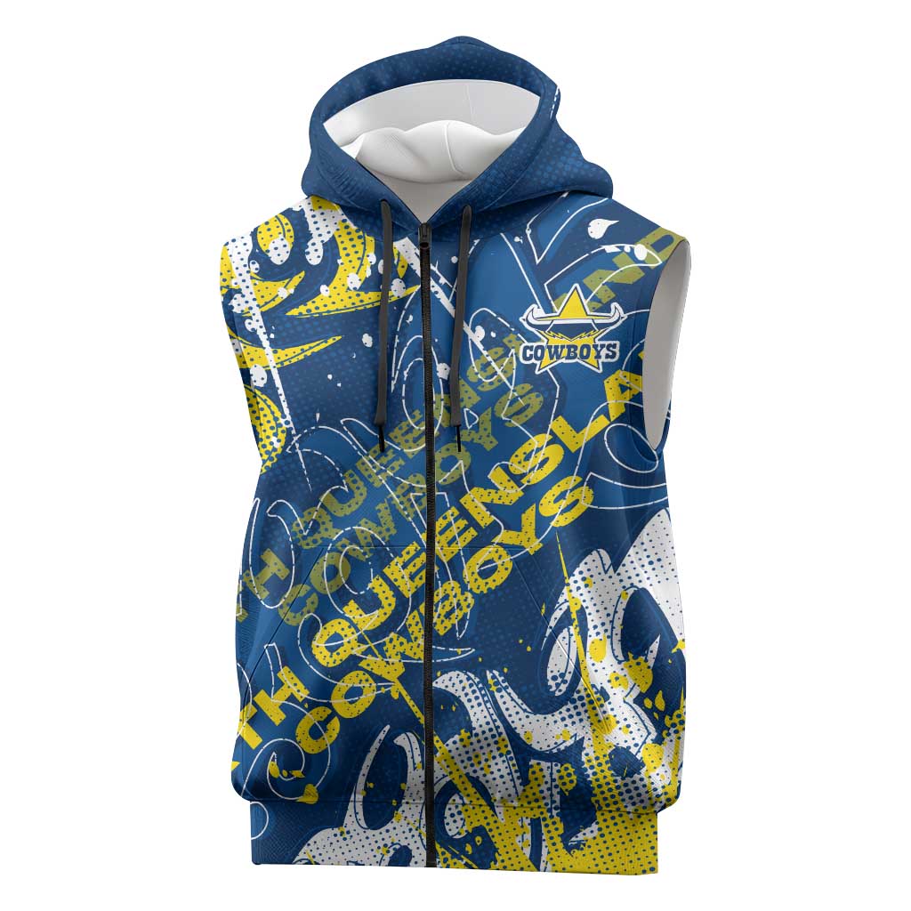 Personalized North Queensland Cowboys Rugby Sleeveless Zip Hoodie Urban Street Graffiti Style - Distressed Splatter Elements
