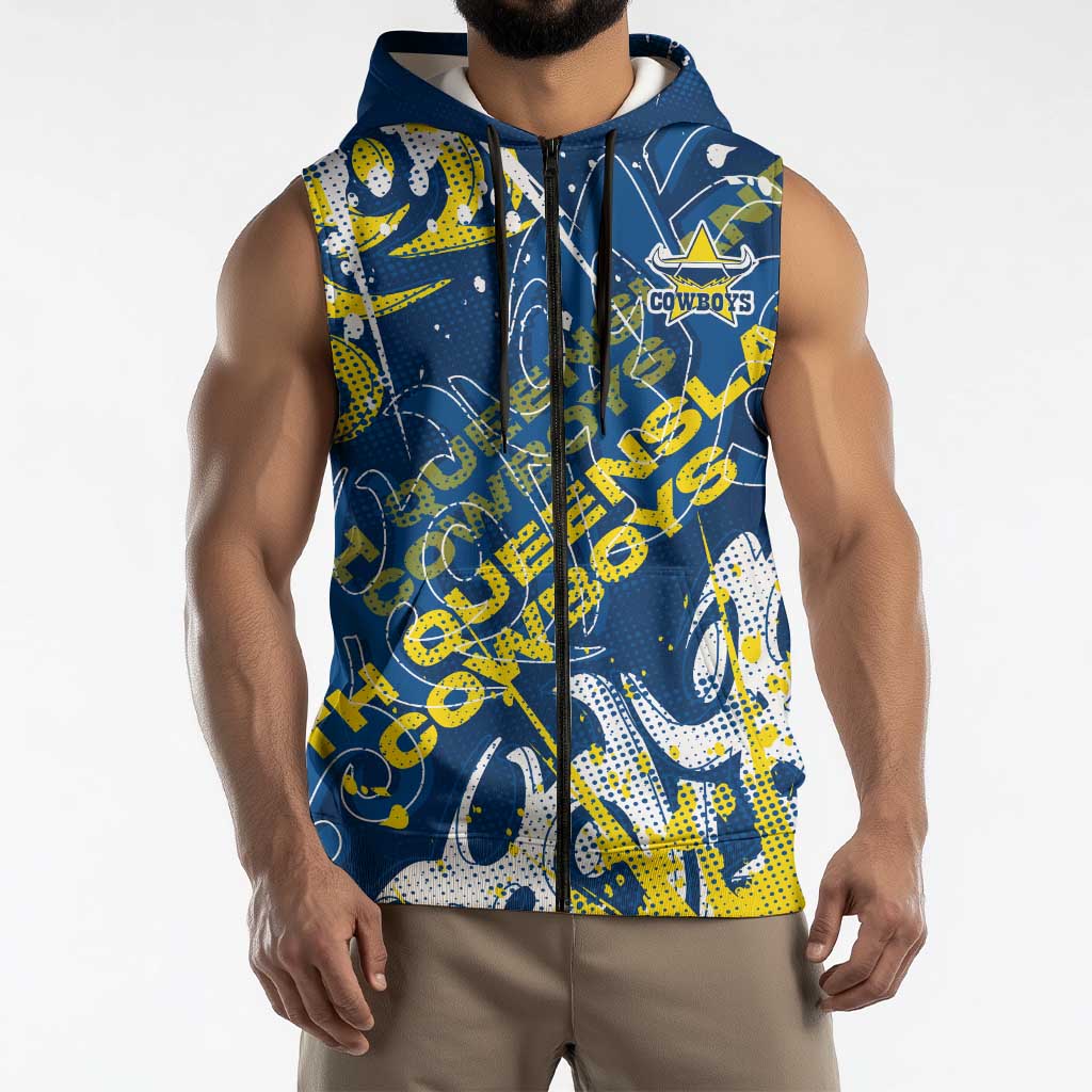 Personalized North Queensland Cowboys Rugby Sleeveless Zip Hoodie Urban Street Graffiti Style - Distressed Splatter Elements