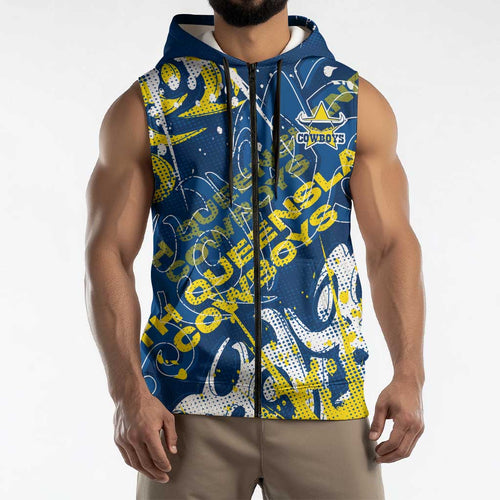 Personalized North Queensland Cowboys Rugby Sleeveless Zip Hoodie Urban Street Graffiti Style - Distressed Splatter Elements