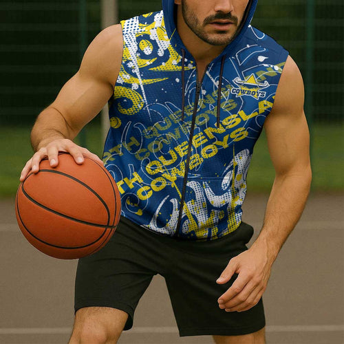 Personalized North Queensland Cowboys Rugby Sleeveless Zip Hoodie Urban Street Graffiti Style - Distressed Splatter Elements