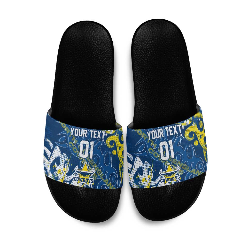 Personalized North Queensland Cowboys Rugby Slide Sandals Urban Street Graffiti Style - Distressed Splatter Elements