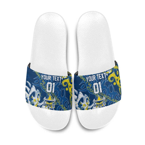 Personalized North Queensland Cowboys Rugby Slide Sandals Urban Street Graffiti Style - Distressed Splatter Elements