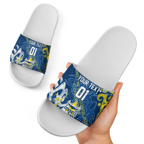 Personalized North Queensland Cowboys Rugby Slide Sandals Urban Street Graffiti Style - Distressed Splatter Elements