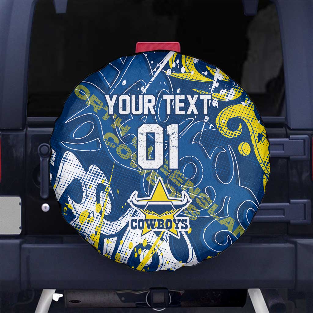 Personalized North Queensland Cowboys Rugby Spare Tire Cover Urban Street Graffiti Style - Distressed Splatter Elements