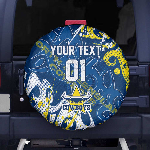 Personalized North Queensland Cowboys Rugby Spare Tire Cover Urban Street Graffiti Style - Distressed Splatter Elements