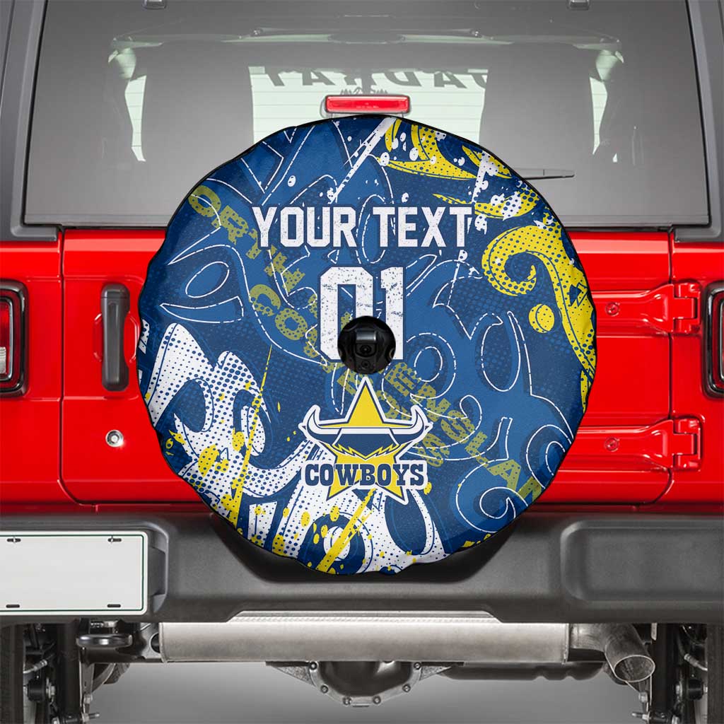 Personalized North Queensland Cowboys Rugby Spare Tire Cover Urban Street Graffiti Style - Distressed Splatter Elements
