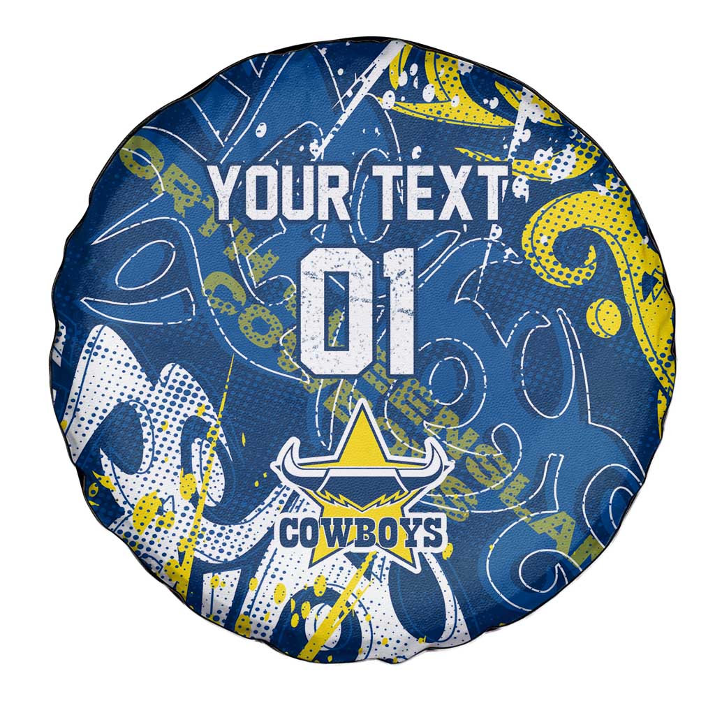 Personalized North Queensland Cowboys Rugby Spare Tire Cover Urban Street Graffiti Style - Distressed Splatter Elements