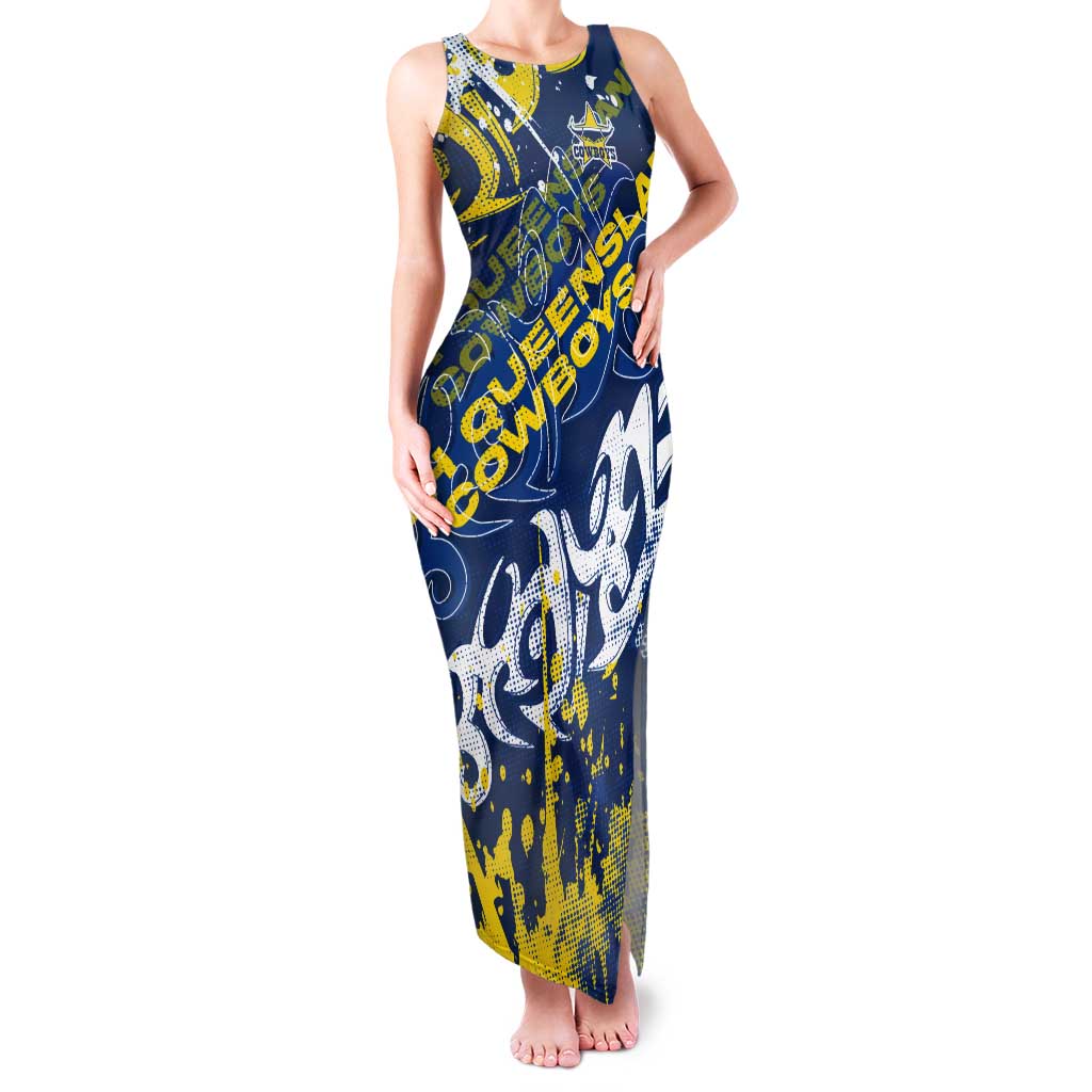 Personalized North Queensland Cowboys Rugby Tank Maxi Dress Urban Street Graffiti Style - Distressed Splatter Elements