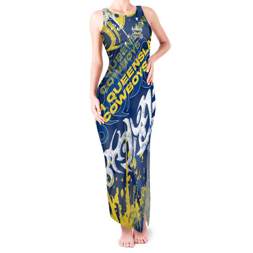 Personalized North Queensland Cowboys Rugby Tank Maxi Dress Urban Street Graffiti Style - Distressed Splatter Elements