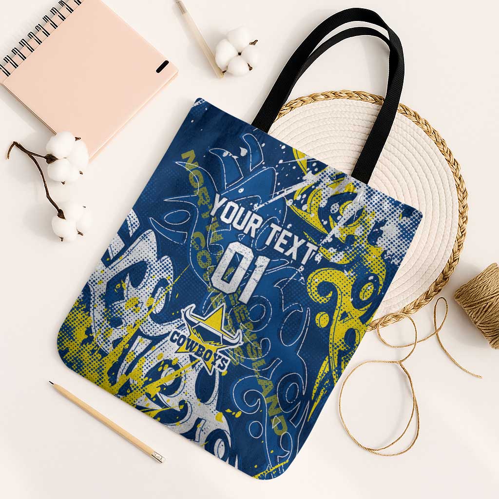 Personalized North Queensland Cowboys Rugby Tote Bag Urban Street Graffiti Style - Distressed Splatter Elements
