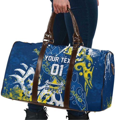 Personalized North Queensland Cowboys Rugby Travel Bag Urban Street Graffiti Style - Distressed Splatter Elements