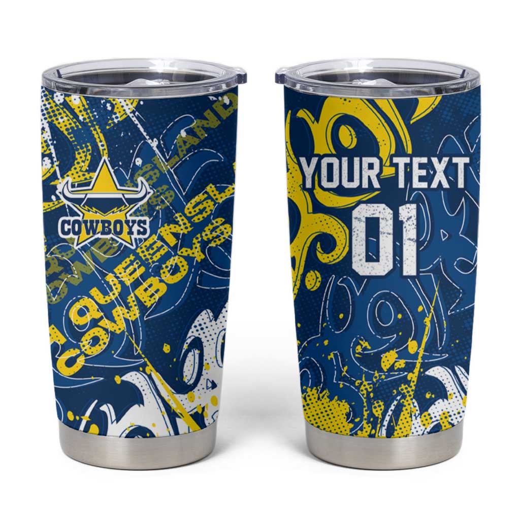 Personalized North Queensland Cowboys Rugby Tumbler Cup Urban Street Graffiti Style - Distressed Splatter Elements