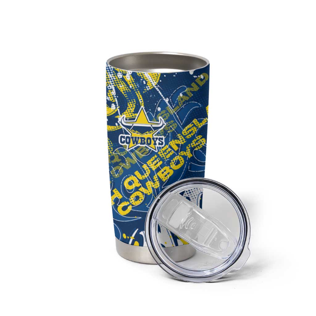 Personalized North Queensland Cowboys Rugby Tumbler Cup Urban Street Graffiti Style - Distressed Splatter Elements