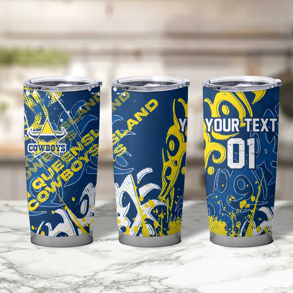 Personalized North Queensland Cowboys Rugby Tumbler Cup Urban Street Graffiti Style - Distressed Splatter Elements