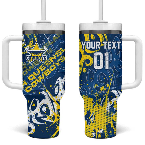 Personalized North Queensland Cowboys Rugby Tumbler With Handle Urban Street Graffiti Style - Distressed Splatter Elements