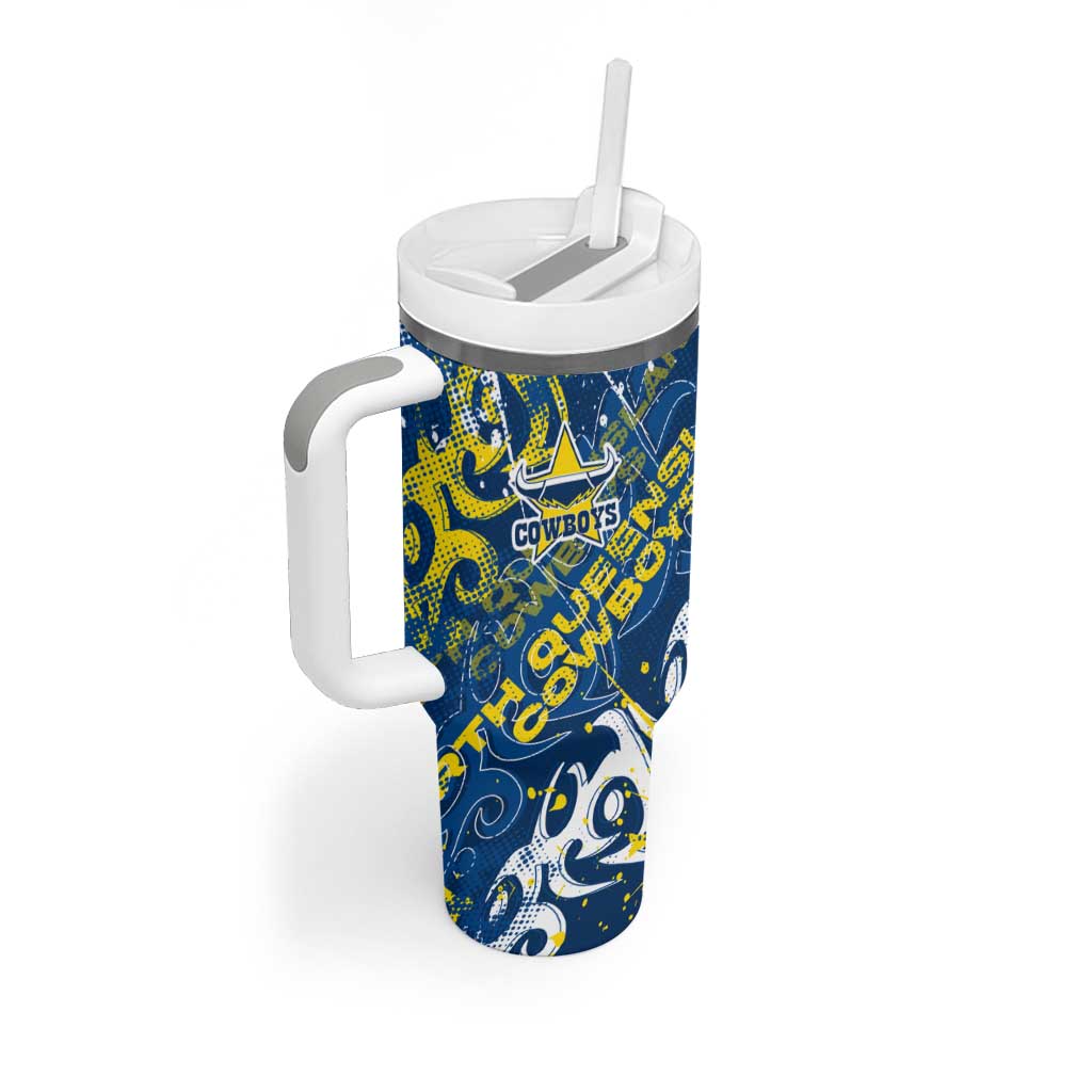 Personalized North Queensland Cowboys Rugby Tumbler With Handle Urban Street Graffiti Style - Distressed Splatter Elements