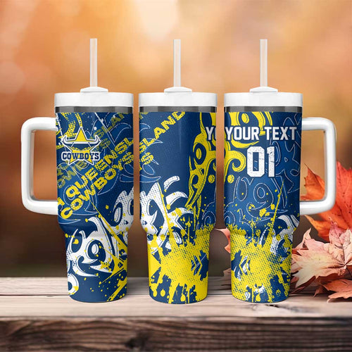 Personalized North Queensland Cowboys Rugby Tumbler With Handle Urban Street Graffiti Style - Distressed Splatter Elements