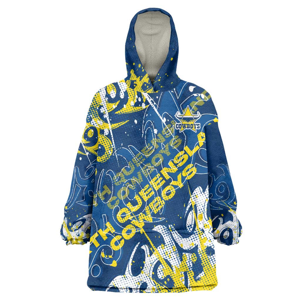 Personalized North Queensland Cowboys Rugby Wearable Blanket Hoodie Urban Street Graffiti Style - Distressed Splatter Elements