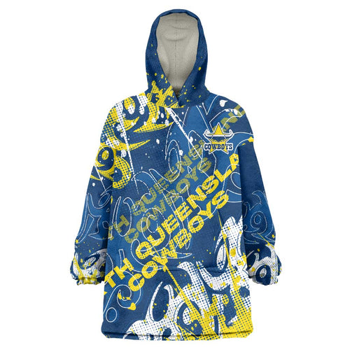Personalized North Queensland Cowboys Rugby Wearable Blanket Hoodie Urban Street Graffiti Style - Distressed Splatter Elements