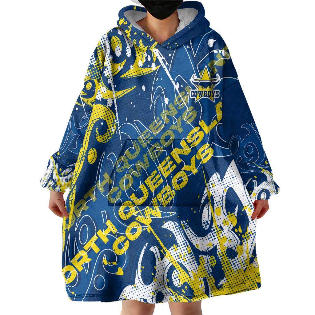 Personalized North Queensland Cowboys Rugby Wearable Blanket Hoodie Urban Street Graffiti Style - Distressed Splatter Elements
