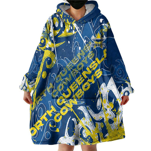 Personalized North Queensland Cowboys Rugby Wearable Blanket Hoodie Urban Street Graffiti Style - Distressed Splatter Elements