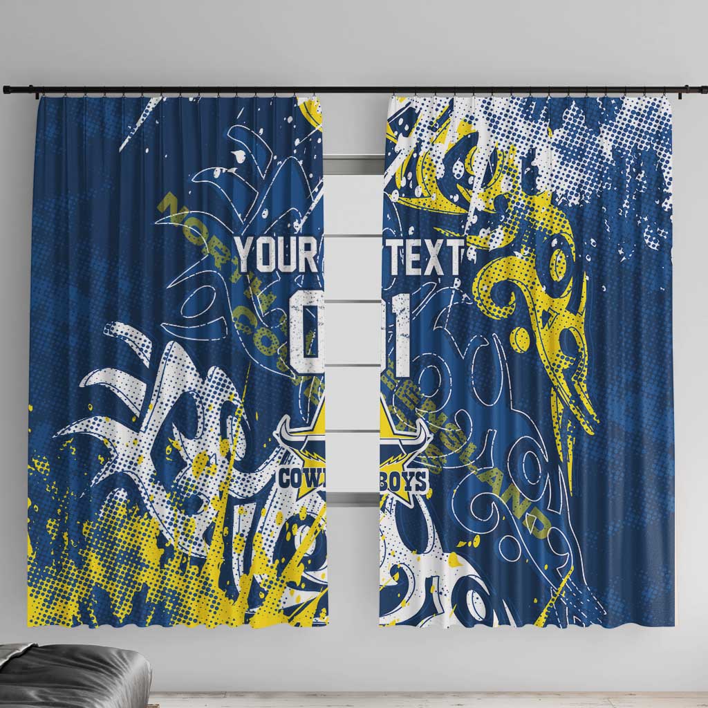 Personalized North Queensland Cowboys Rugby Window Curtain Urban Street Graffiti Style - Distressed Splatter Elements