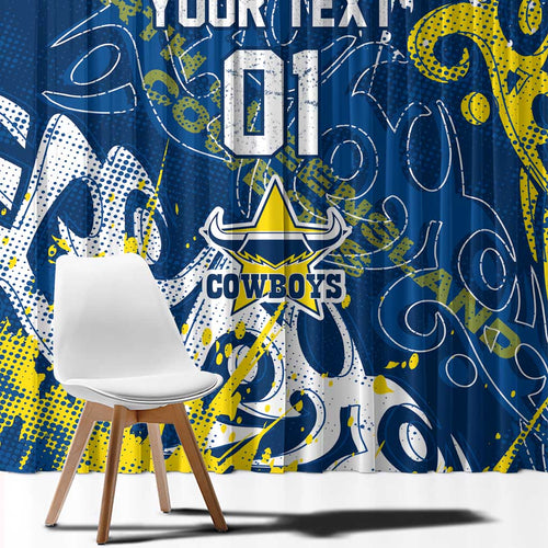 Personalized North Queensland Cowboys Rugby Window Curtain Urban Street Graffiti Style - Distressed Splatter Elements