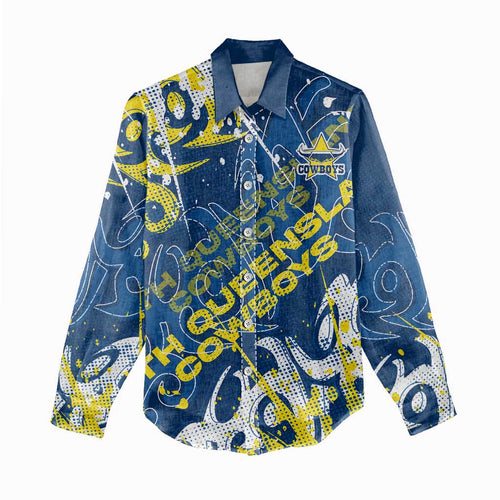 Personalized North Queensland Cowboys Rugby Women Casual Shirt Urban Street Graffiti Style - Distressed Splatter Elements
