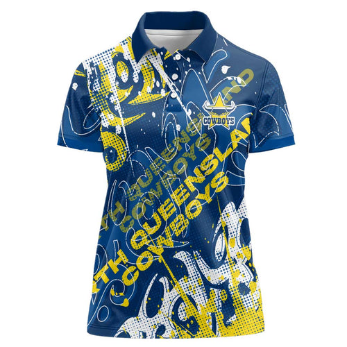 Personalized North Queensland Cowboys Rugby Women Polo Shirt Urban Street Graffiti Style - Distressed Splatter Elements
