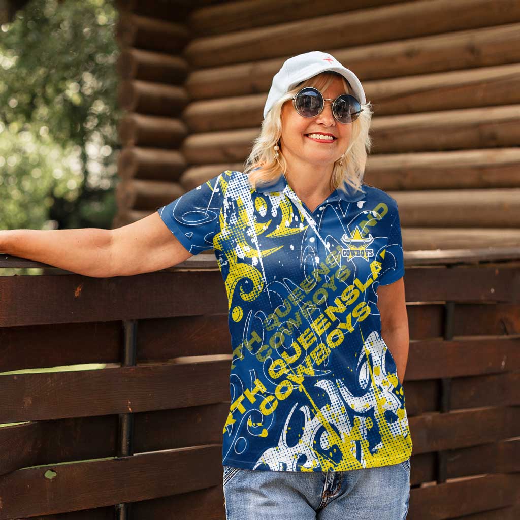 Personalized North Queensland Cowboys Rugby Women Polo Shirt Urban Street Graffiti Style - Distressed Splatter Elements