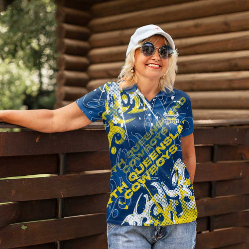 Personalized North Queensland Cowboys Rugby Women Polo Shirt Urban Street Graffiti Style - Distressed Splatter Elements