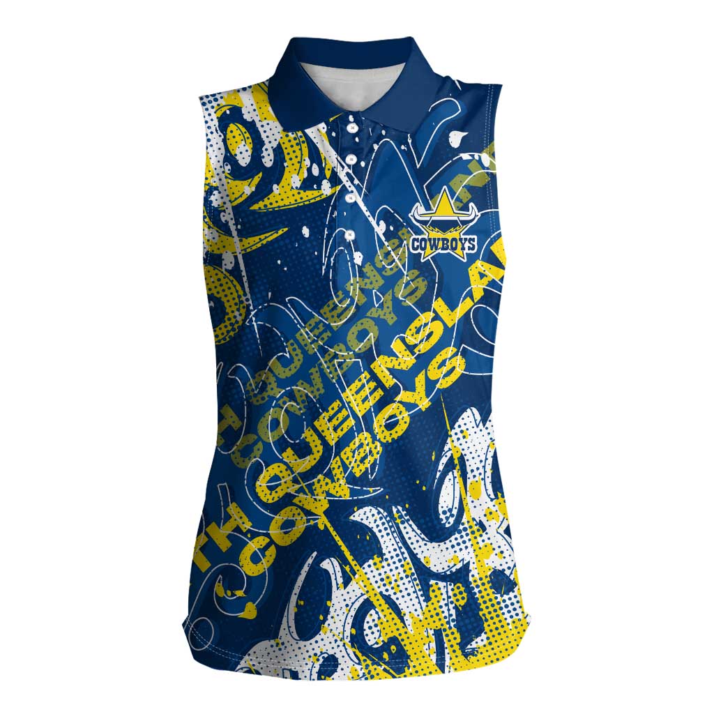 Personalized North Queensland Cowboys Rugby Women Sleeveless Polo Shirt Urban Street Graffiti Style - Distressed Splatter Elements