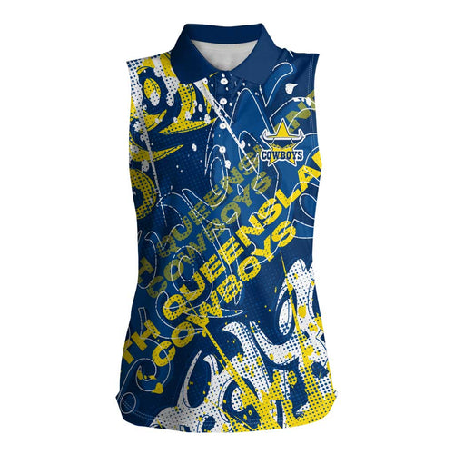 Personalized North Queensland Cowboys Rugby Women Sleeveless Polo Shirt Urban Street Graffiti Style - Distressed Splatter Elements