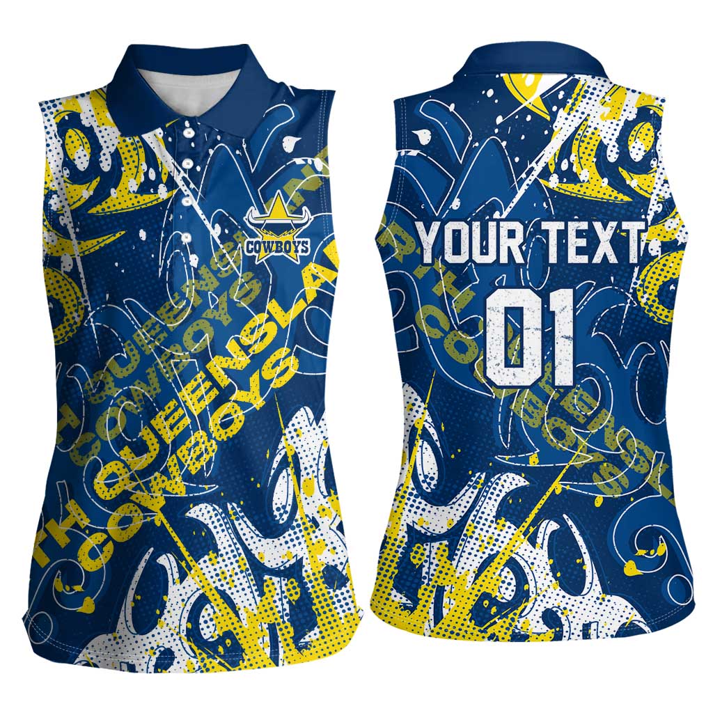 Personalized North Queensland Cowboys Rugby Women Sleeveless Polo Shirt Urban Street Graffiti Style - Distressed Splatter Elements