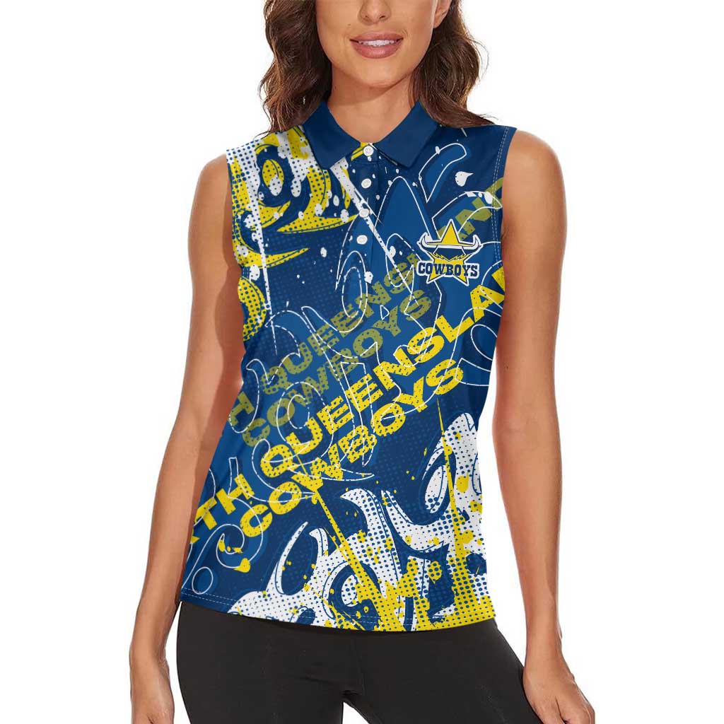 Personalized North Queensland Cowboys Rugby Women Sleeveless Polo Shirt Urban Street Graffiti Style - Distressed Splatter Elements