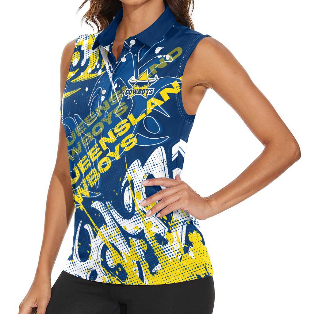 Personalized North Queensland Cowboys Rugby Women Sleeveless Polo Shirt Urban Street Graffiti Style - Distressed Splatter Elements
