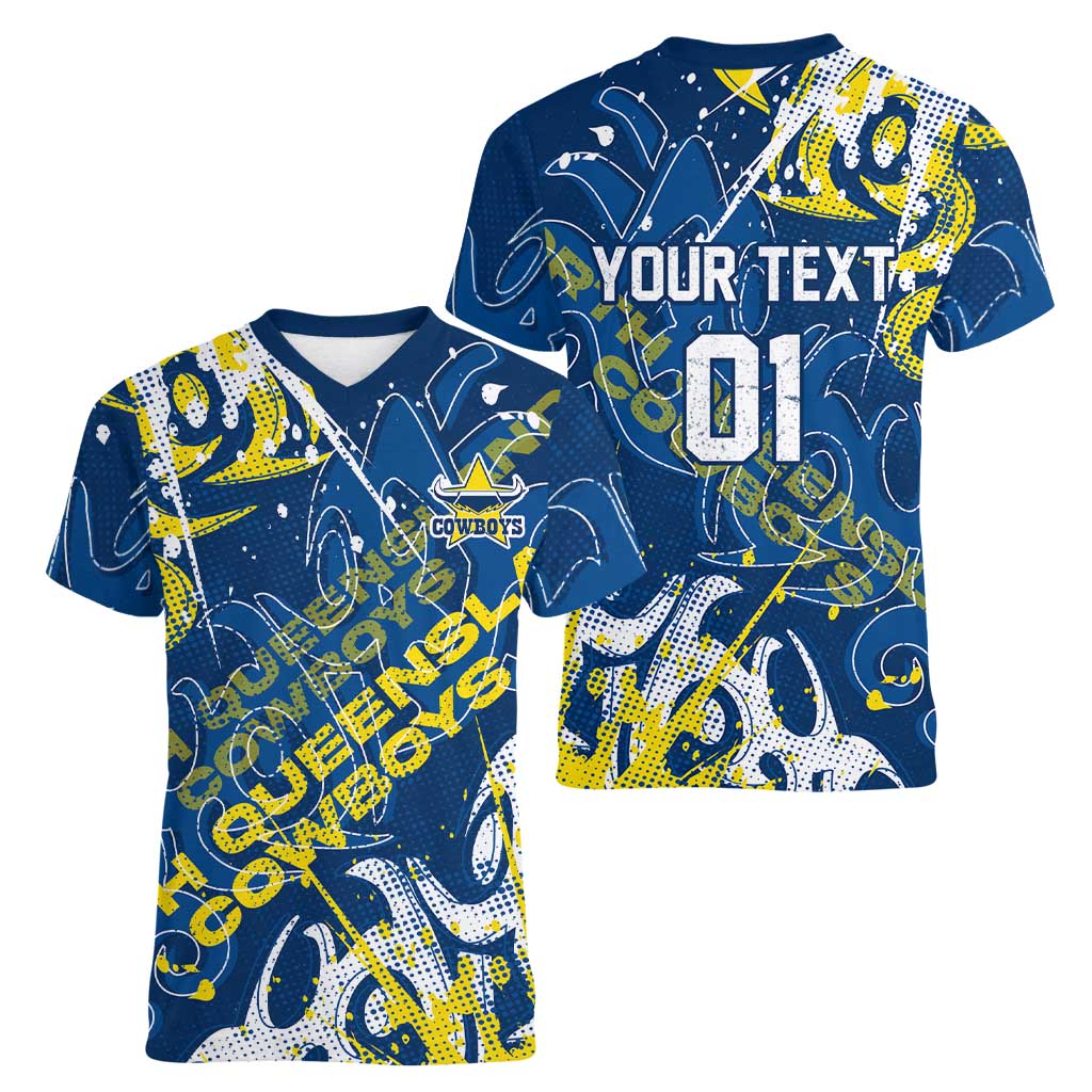 Personalized North Queensland Cowboys Rugby Women V-Neck T-Shirt Urban Street Graffiti Style - Distressed Splatter Elements