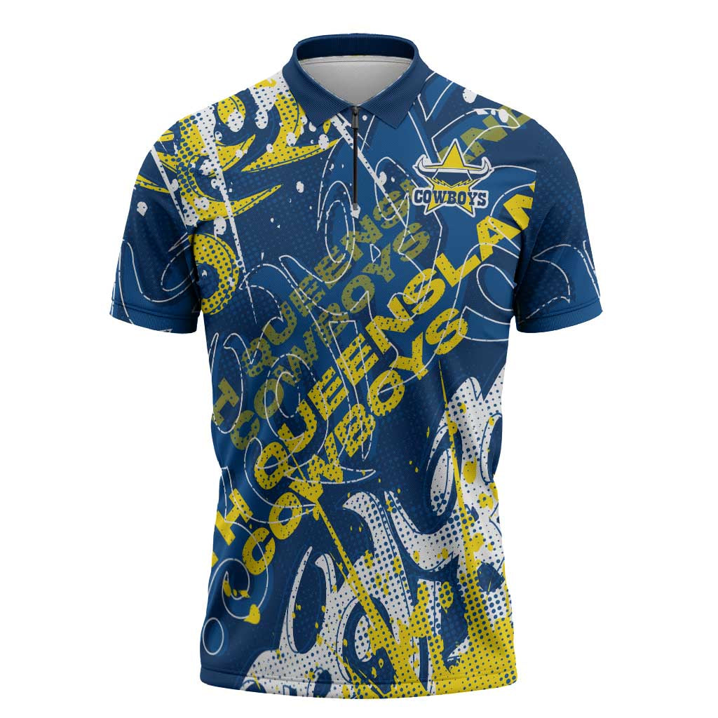 Personalized North Queensland Cowboys Rugby Zipper Polo Shirt Urban Street Graffiti Style - Distressed Splatter Elements