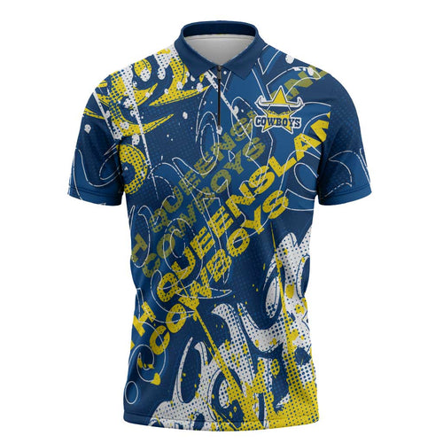 Personalized North Queensland Cowboys Rugby Zipper Polo Shirt Urban Street Graffiti Style - Distressed Splatter Elements