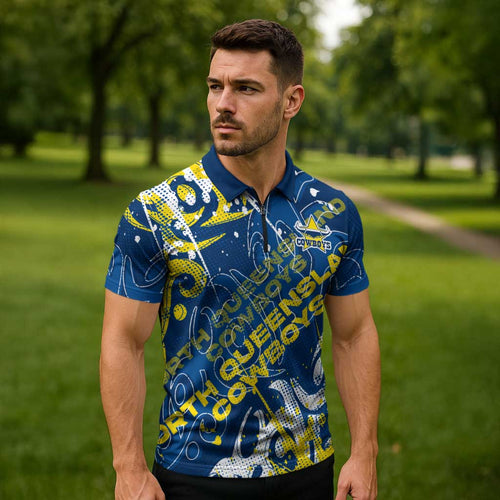 Personalized North Queensland Cowboys Rugby Zipper Polo Shirt Urban Street Graffiti Style - Distressed Splatter Elements