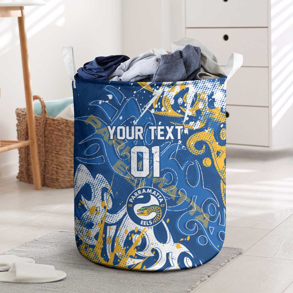 Personalized Parramatta Eels Rugby Laundry Basket Urban Street Graffiti Style - Distressed Splatter Elements
