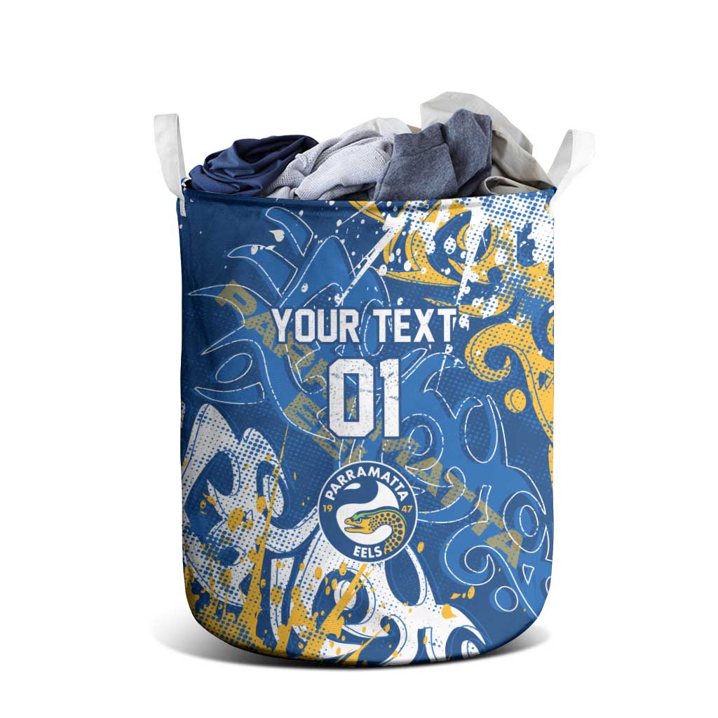 Personalized Parramatta Eels Rugby Laundry Basket Urban Street Graffiti Style - Distressed Splatter Elements