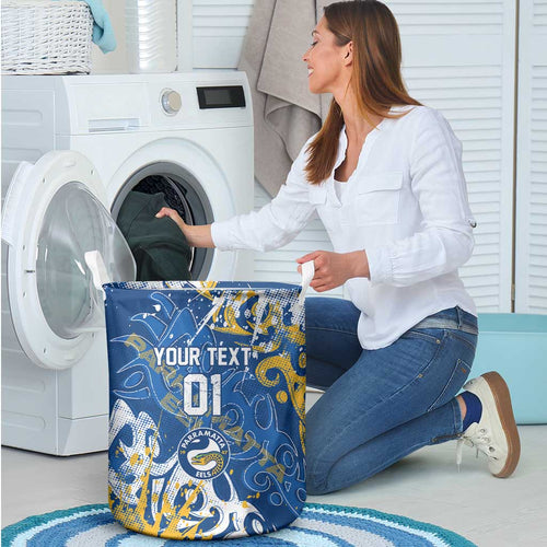 Personalized Parramatta Eels Rugby Laundry Basket Urban Street Graffiti Style - Distressed Splatter Elements
