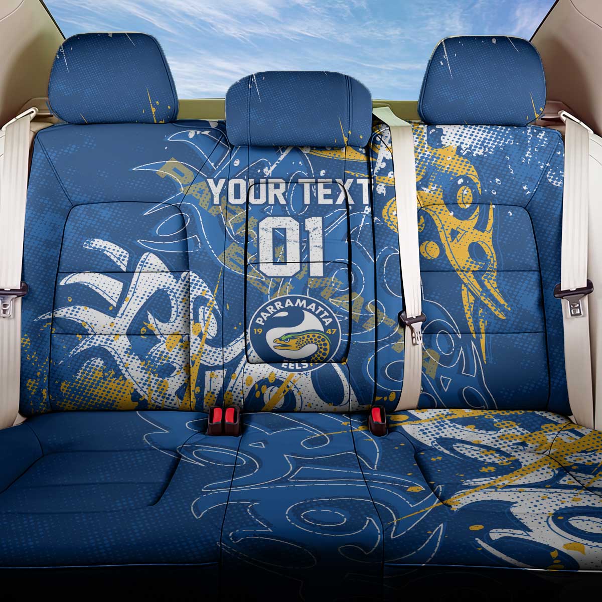 Personalized Parramatta Eels Rugby Back Car Seat Cover Urban Street Graffiti Style - Distressed Splatter Elements
